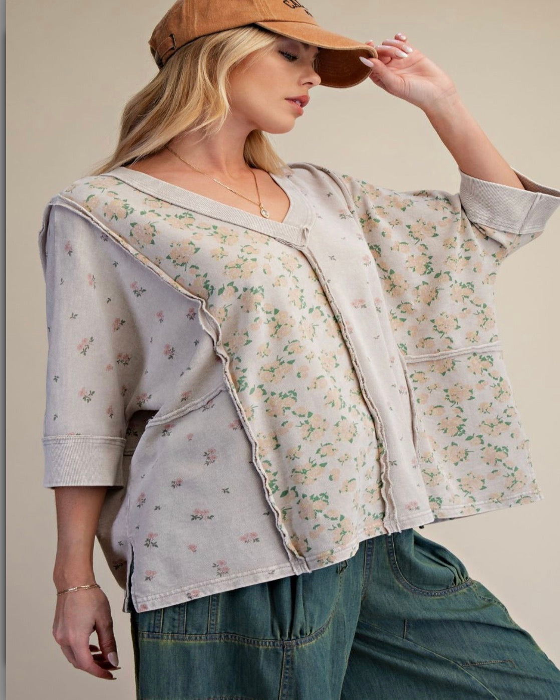 ET72033 Natural Short Slvs Print Mix Mineral Wash