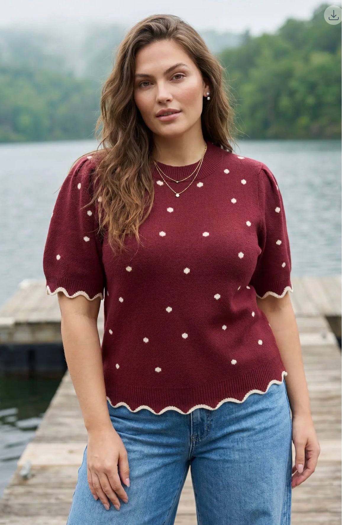 She + Sky Wine Short Puff Sleeve Scallop Band Polkadot Sweater Top ST1770