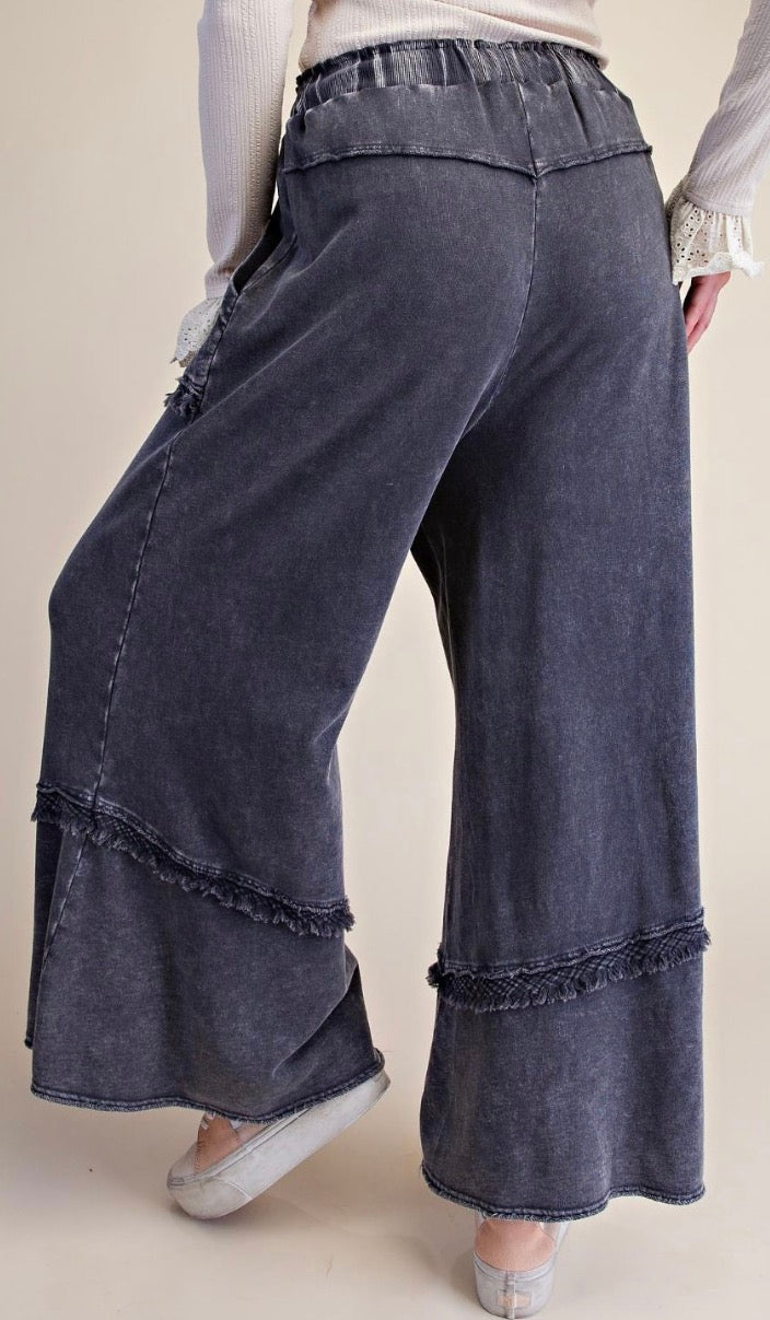 Easel EB58326 ASH SELF FRAY DETAILING WASHED TERRY PANTS
