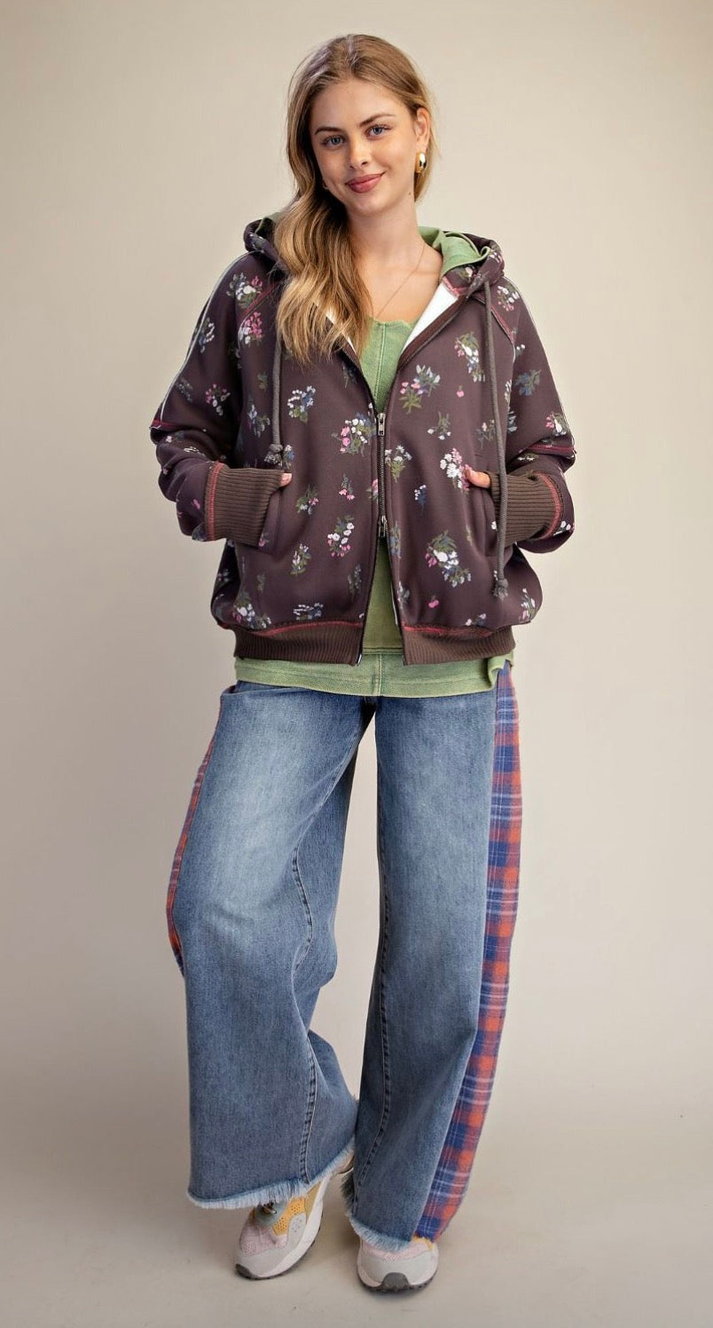 EASEL ET30239 ASH FLORAL PRINTED TERRY KNIT HOODED ZIP UP