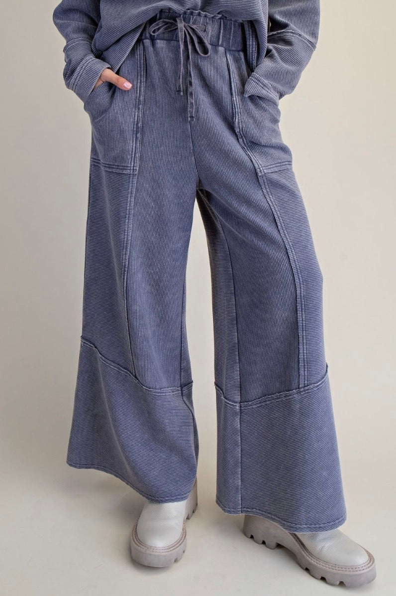 Easel EB90145 Washed Denim TEXTURED MINEREAL WASHED BELLBOTTOM PANTS