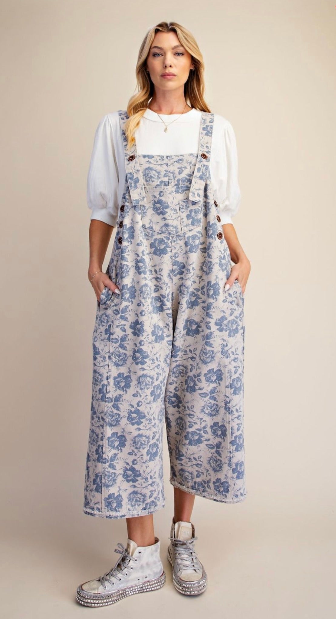 EASEL EB58158 BLUE FLORAL PRINTED ENZYME WASHED OVERALL PANTS