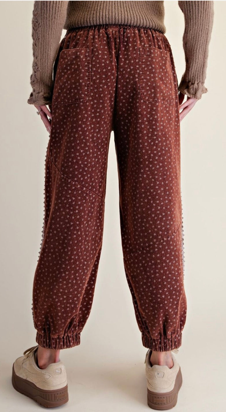 Easel EB58171 CHERRY WOOD PRINTED CORDUROY PANTS