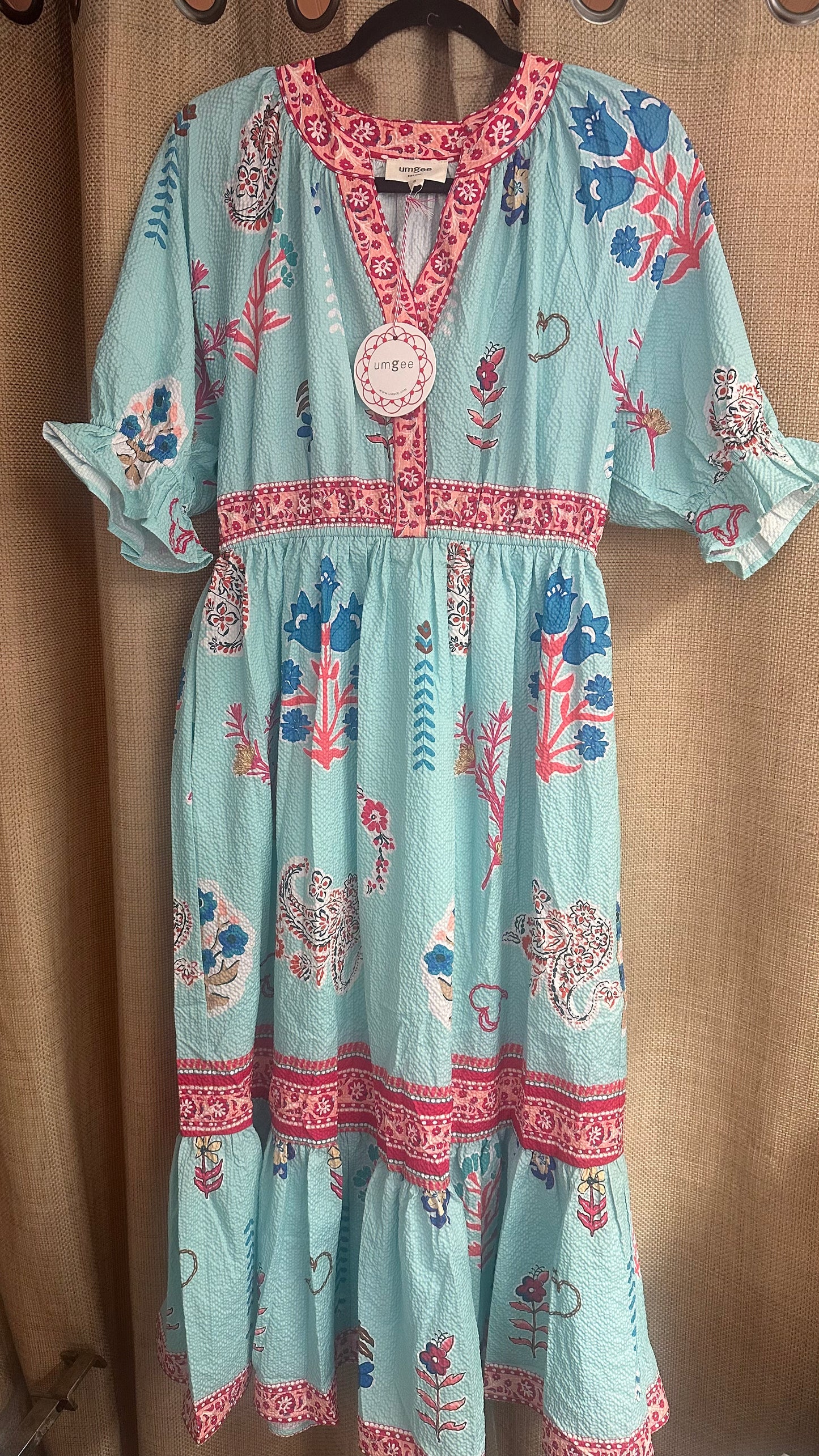C5766 Floral Collage Print V-neck Mini Dress- Mint Mix