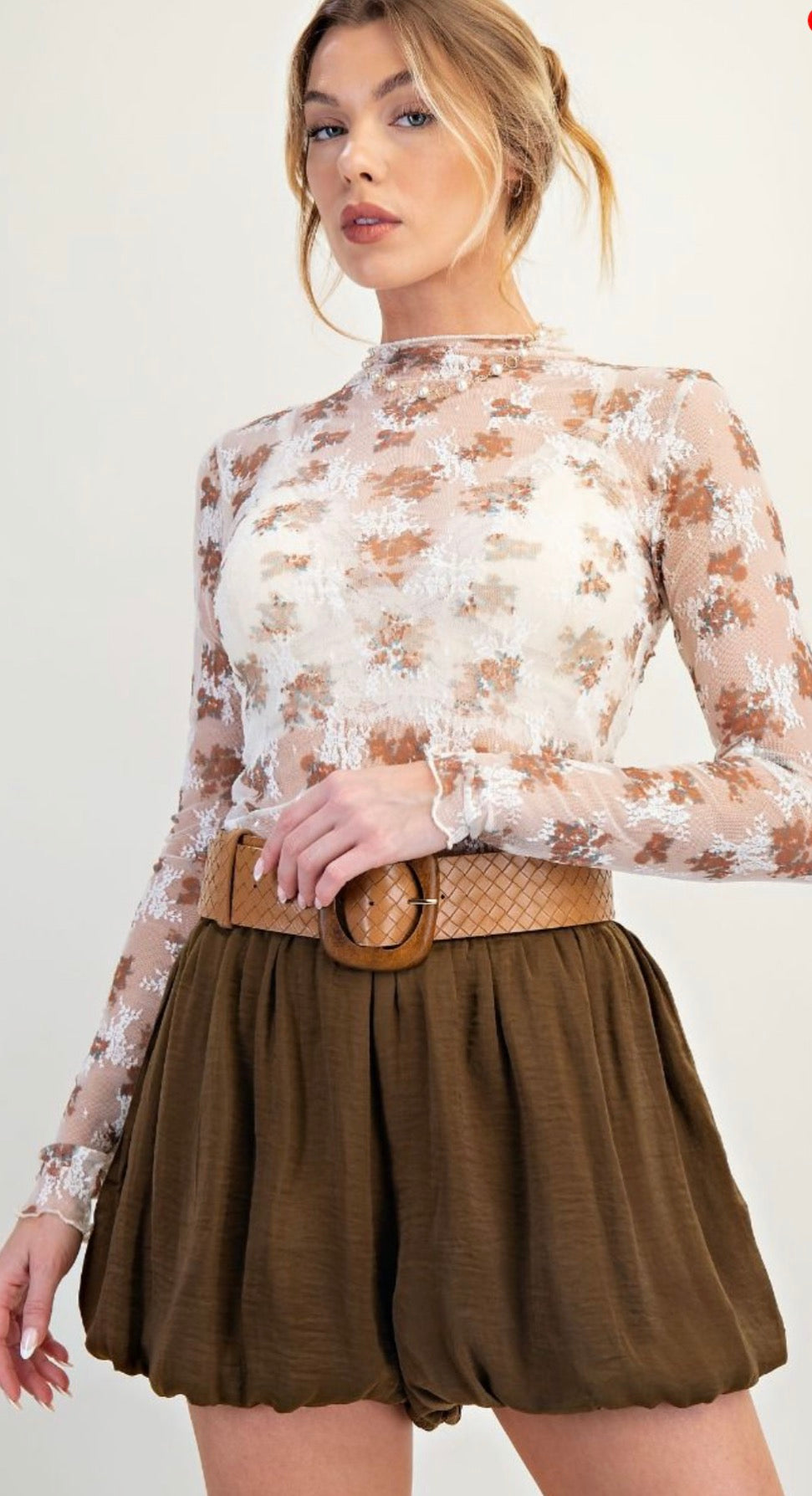 EASEL ET71696 Ivory Floral Print Sheer Lace Fitted Top