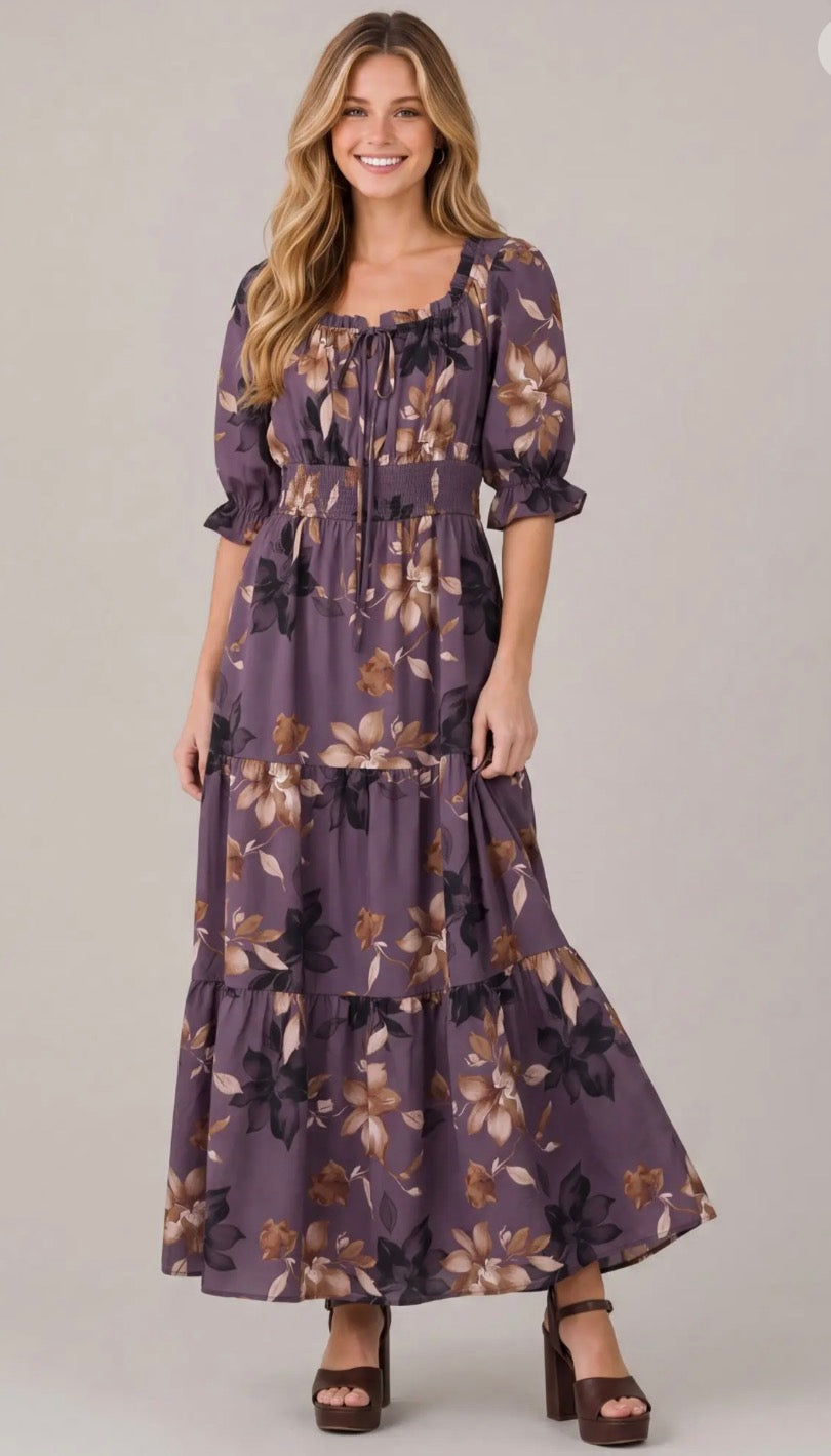She + Sky Dusty Purple 3/4 SLEEVE WAIST SMOCKING TIERED WOVEN FLORAL PRINT MAXI DRESS WITH POCKETS ST2006