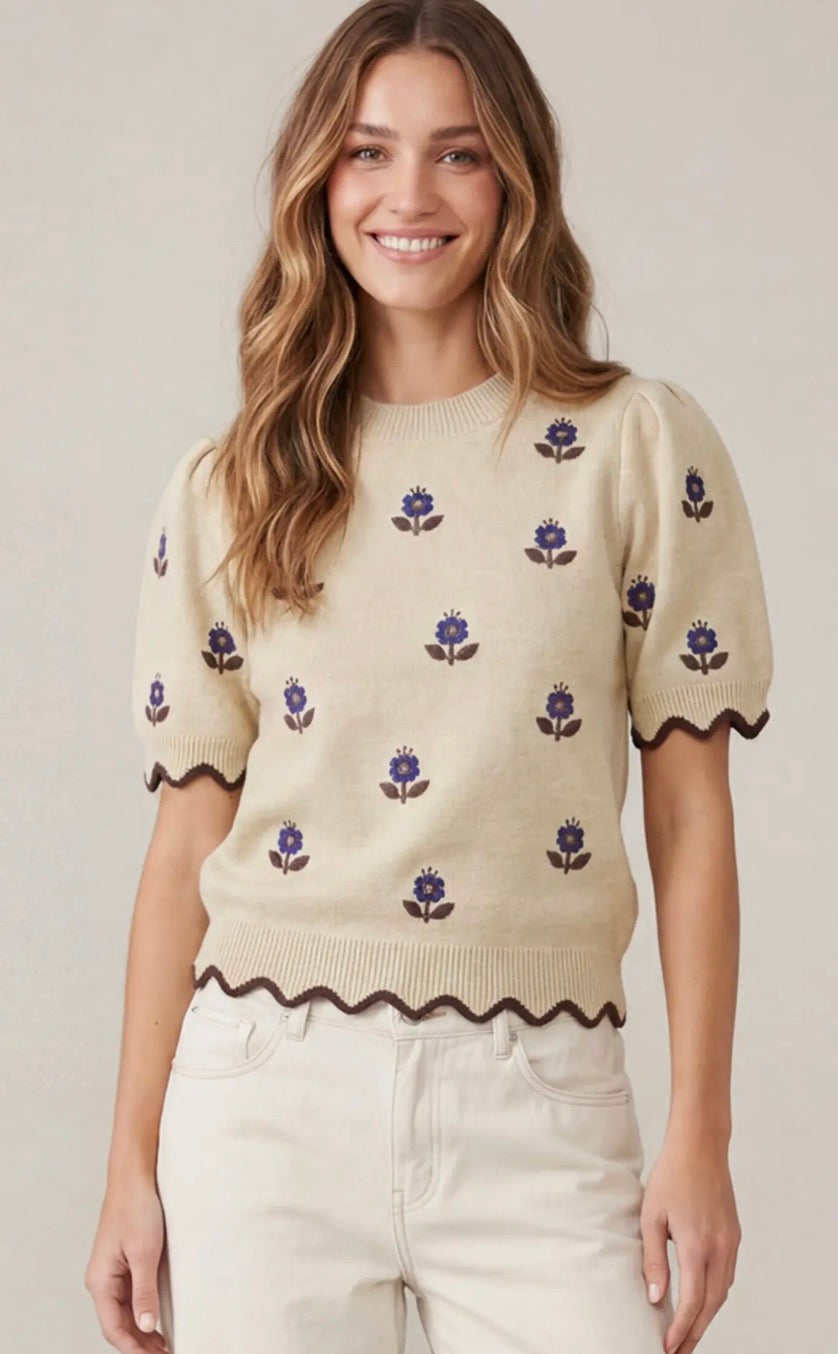She + Sky Lt Taupe HALF SLEEVE FLOWER EMBROIDERY AND SCALLOPED EDGE SWEATER TOP ST1995