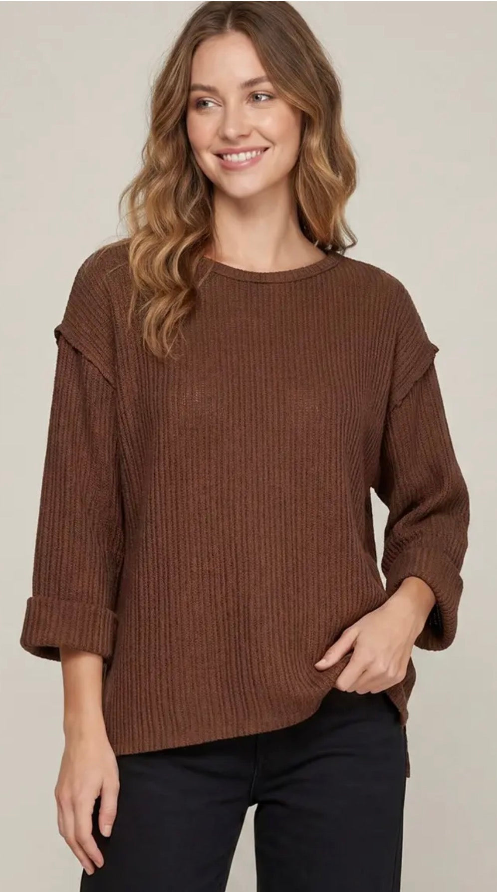 She + Sky Brown 3/4 Folded Sleeve Knit Top SY7170R2
