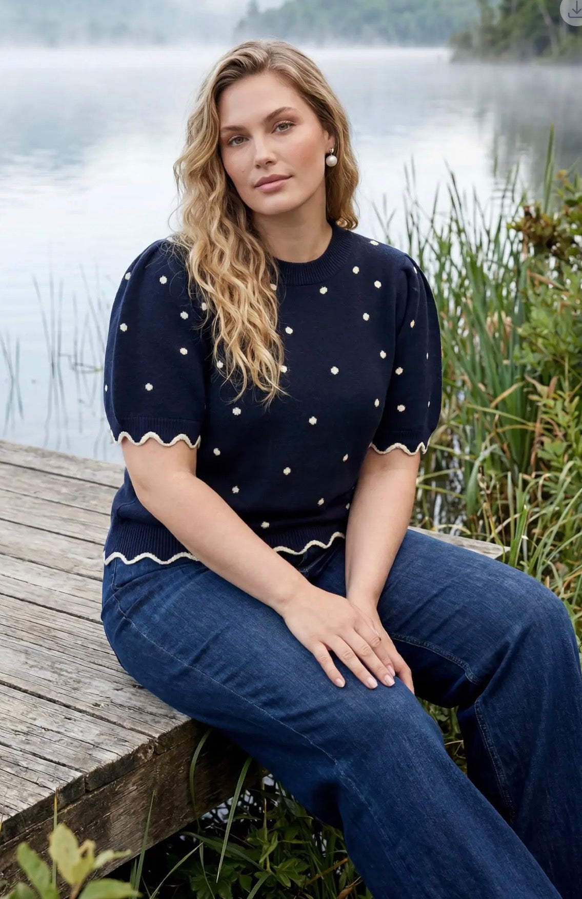 She + Sky Navy Short Puff Sleeve Scallop Band Polkadot Sweater Top ST1770