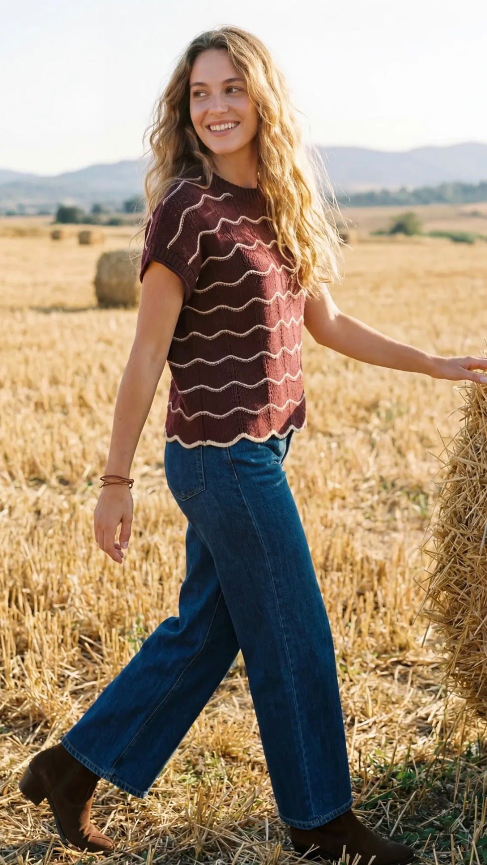 She + Sky Brown Drop Short Sleeve Scallop Striped Pattern Knit Sweater Top SY9319R2