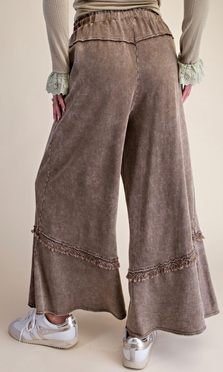 Easel EB58326 OLIVE GREEN SELF FRAY DETAILING WASHED TERRY PANTS