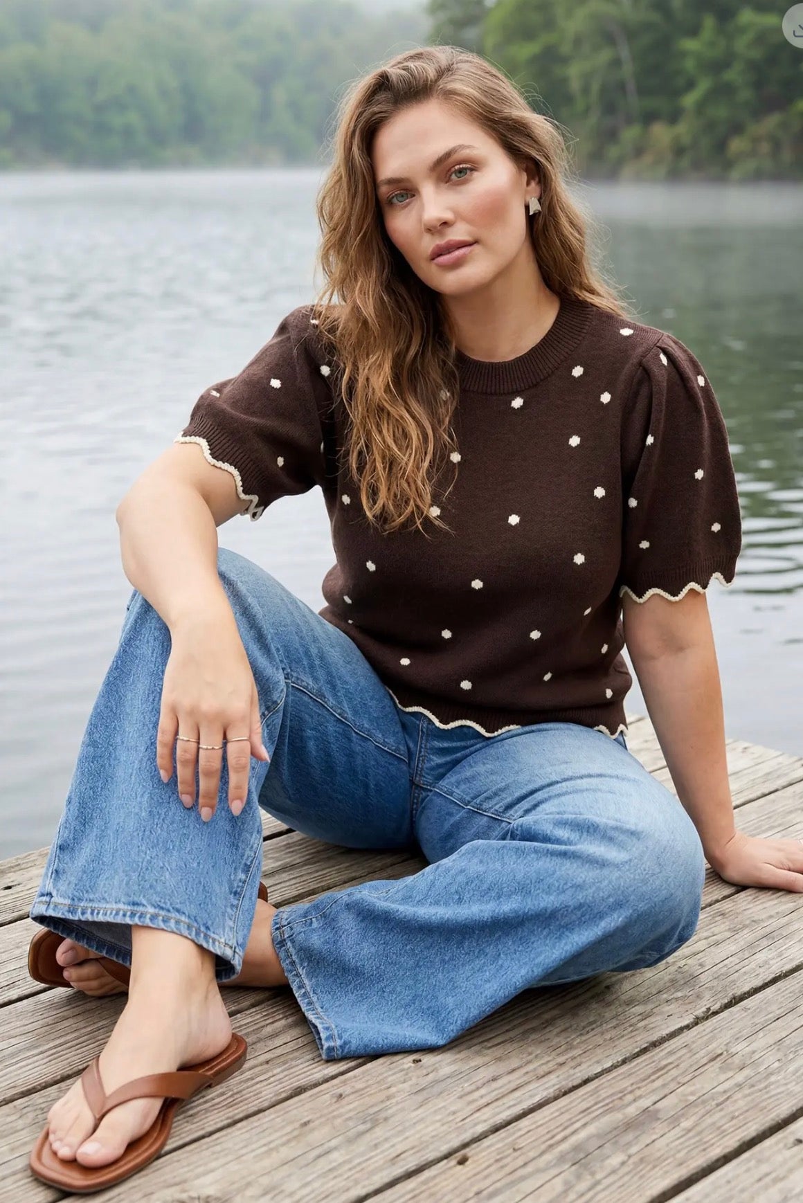 She + Sky Brown Short Puff Sleeve Scallop Band Polkadot Sweater Top PST1770
