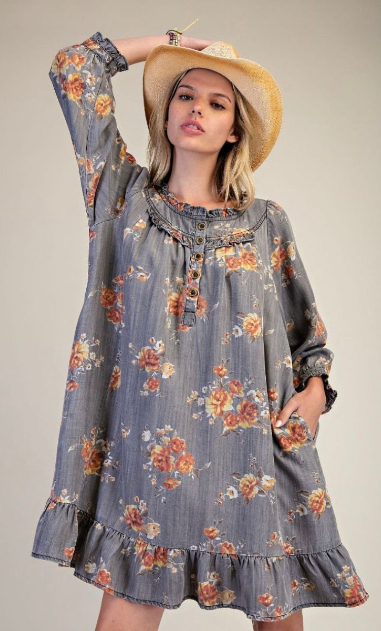 EASEL ED28054 ASH DENIM FLORAL PRINTED WASHED CHAMBRAY DRESS