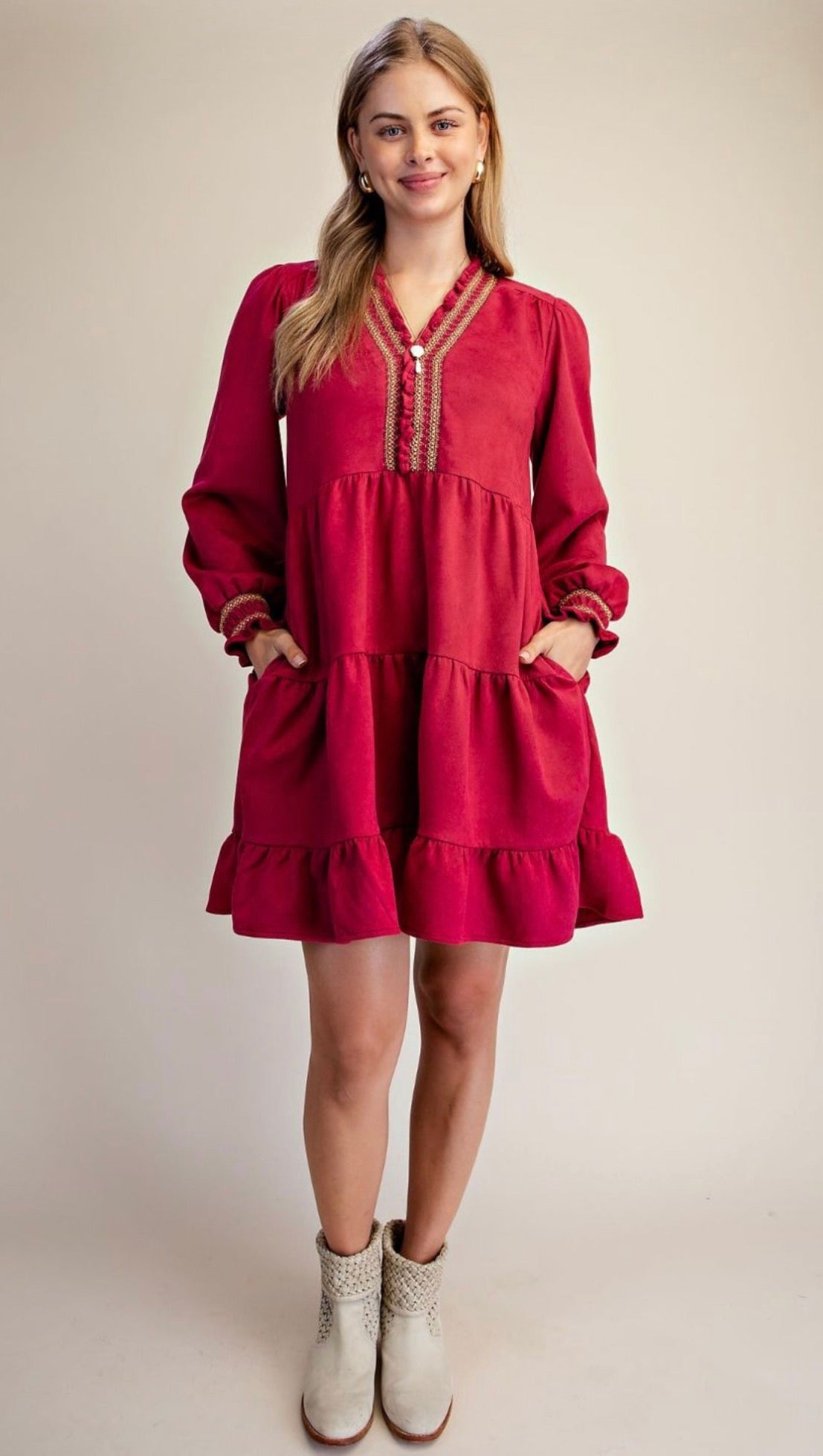 EASEL ED30170 BERRY TIERED FAUX SUEDE DRESS