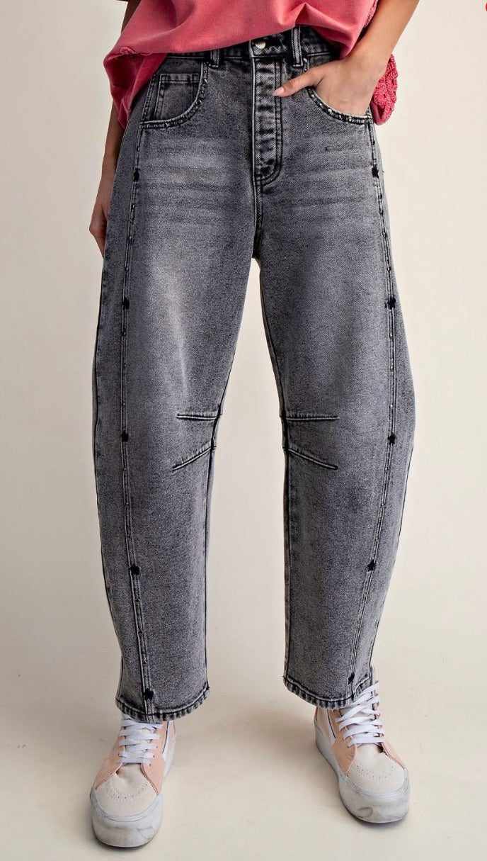 Easel EB58061 Black Denim STUD AND EMBO DETAILING WASHED DENIM PANTS
