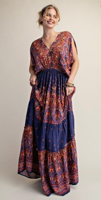 Easel ED23264A Blueberry Dolman Slvs Border Print