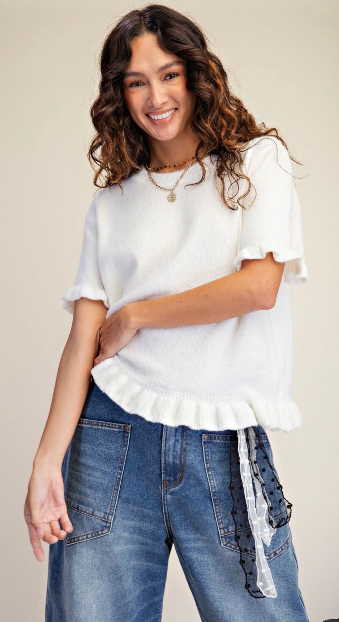EASEL ET29433 IVORY SHORT SLVS KNITTED SWEATER