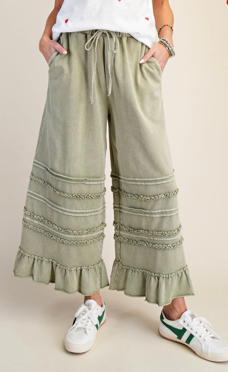 Easel EB90214 WASHED TERRY TIERED RUFFLED WIDE LEG PANTS