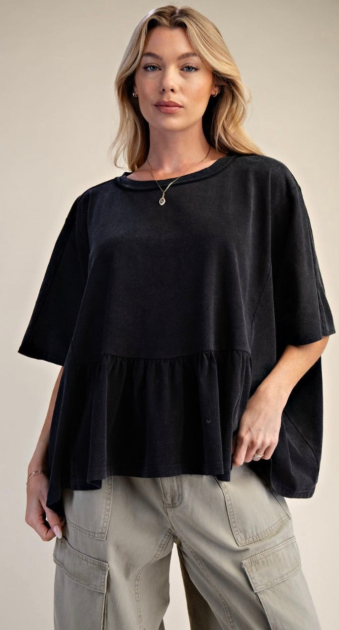 EASEL ET30152 BLACK RUFFLE BOTTOM WASHED TOP