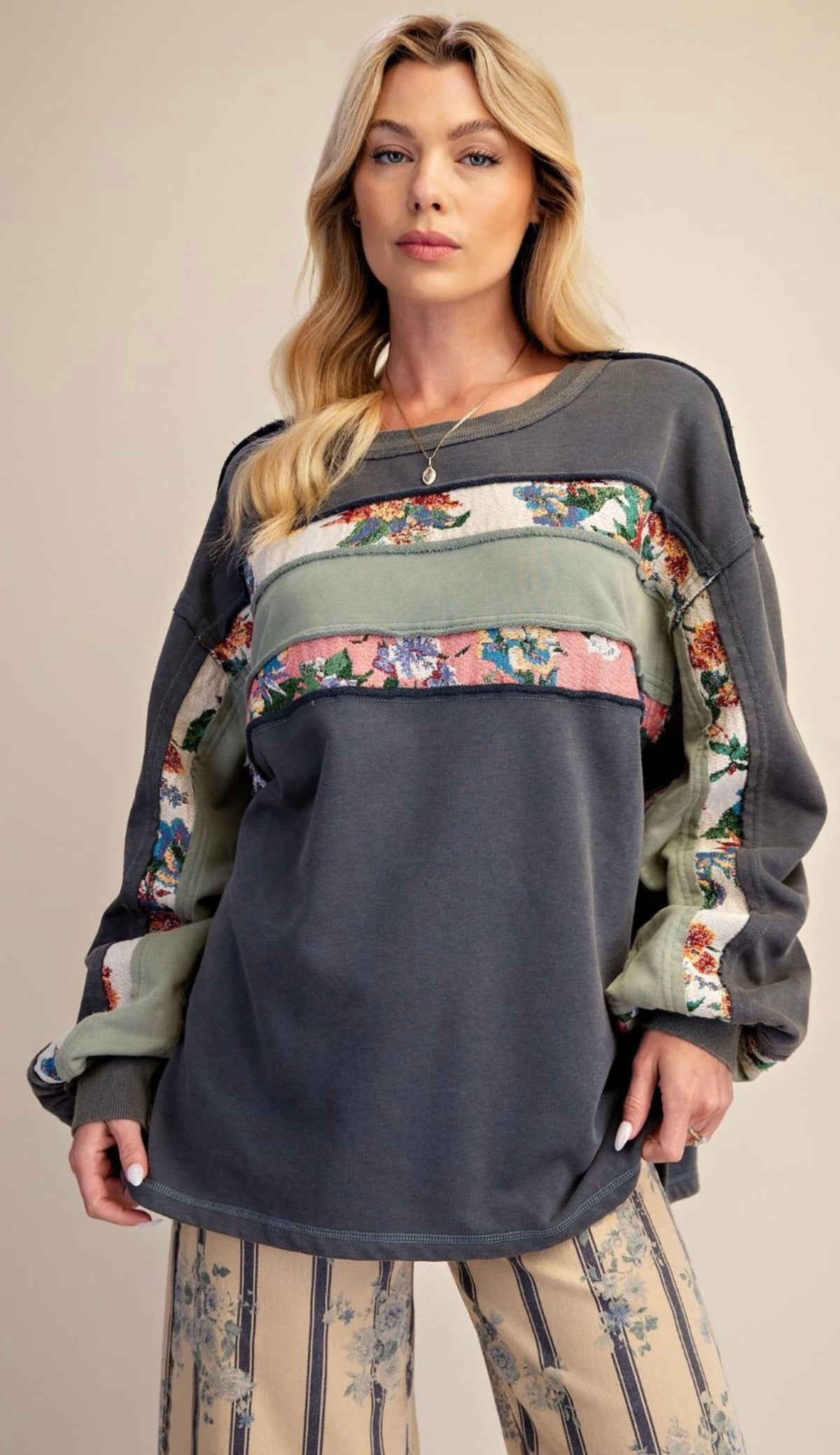 EASEL ET30135 ASH NAVY PRINT MIX WASHED TERRY PULLOVER