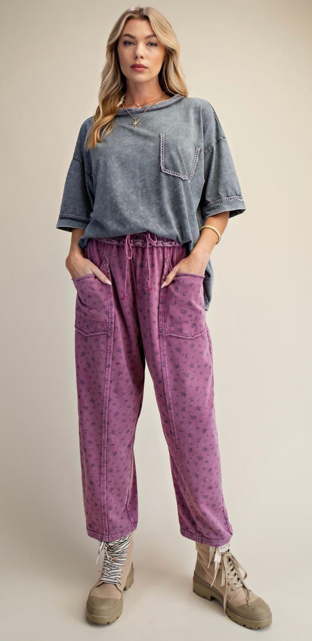 EASEL EB58038 Magenta Ditsy Printed Washed Terry Pants