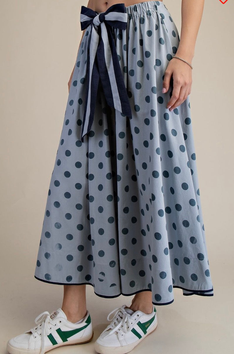 EB90224 Faded Blue Tie Waisted Polka Dots Skirt