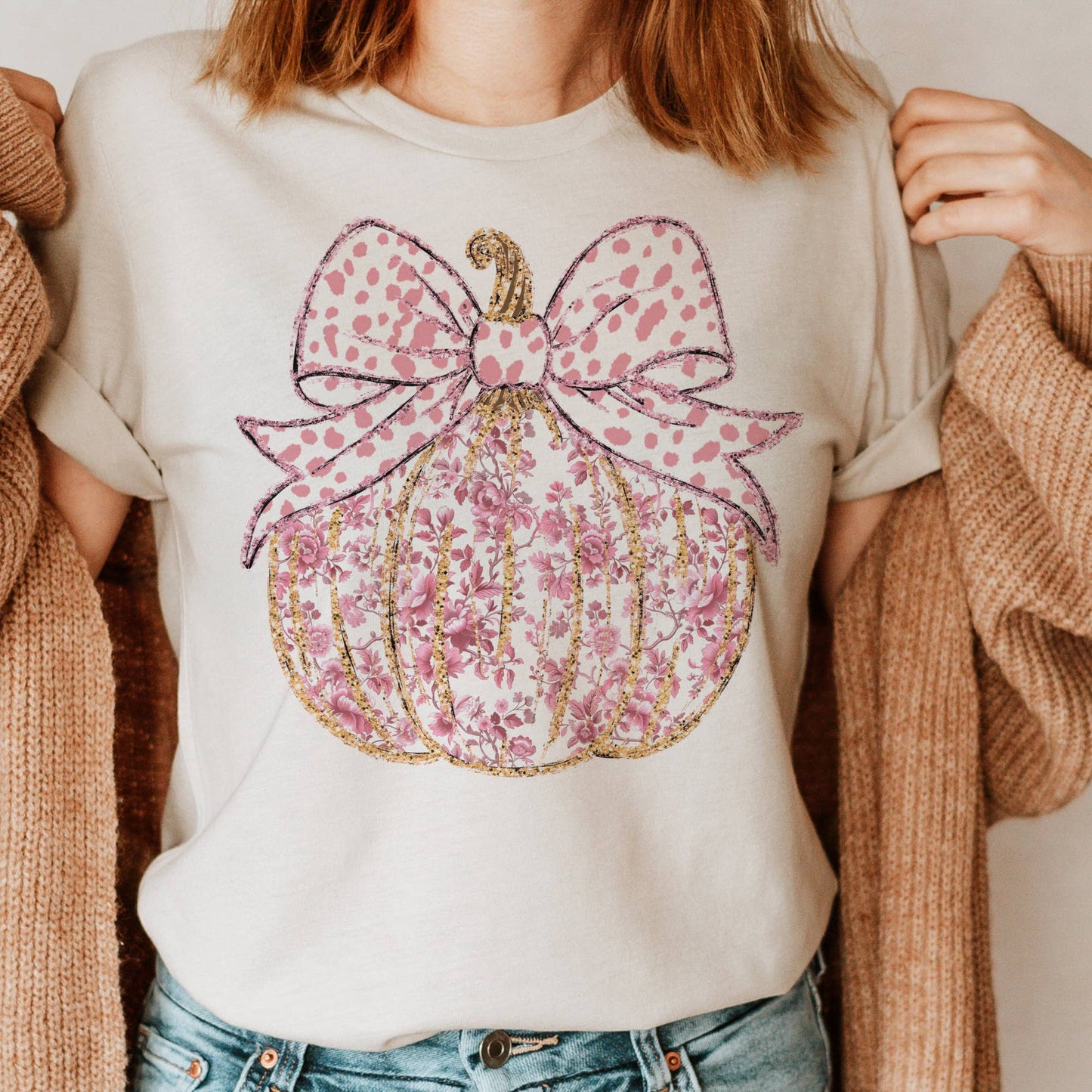 Fall Pumpkin Pink Bow Floral Country Store Retro Graphic Tee