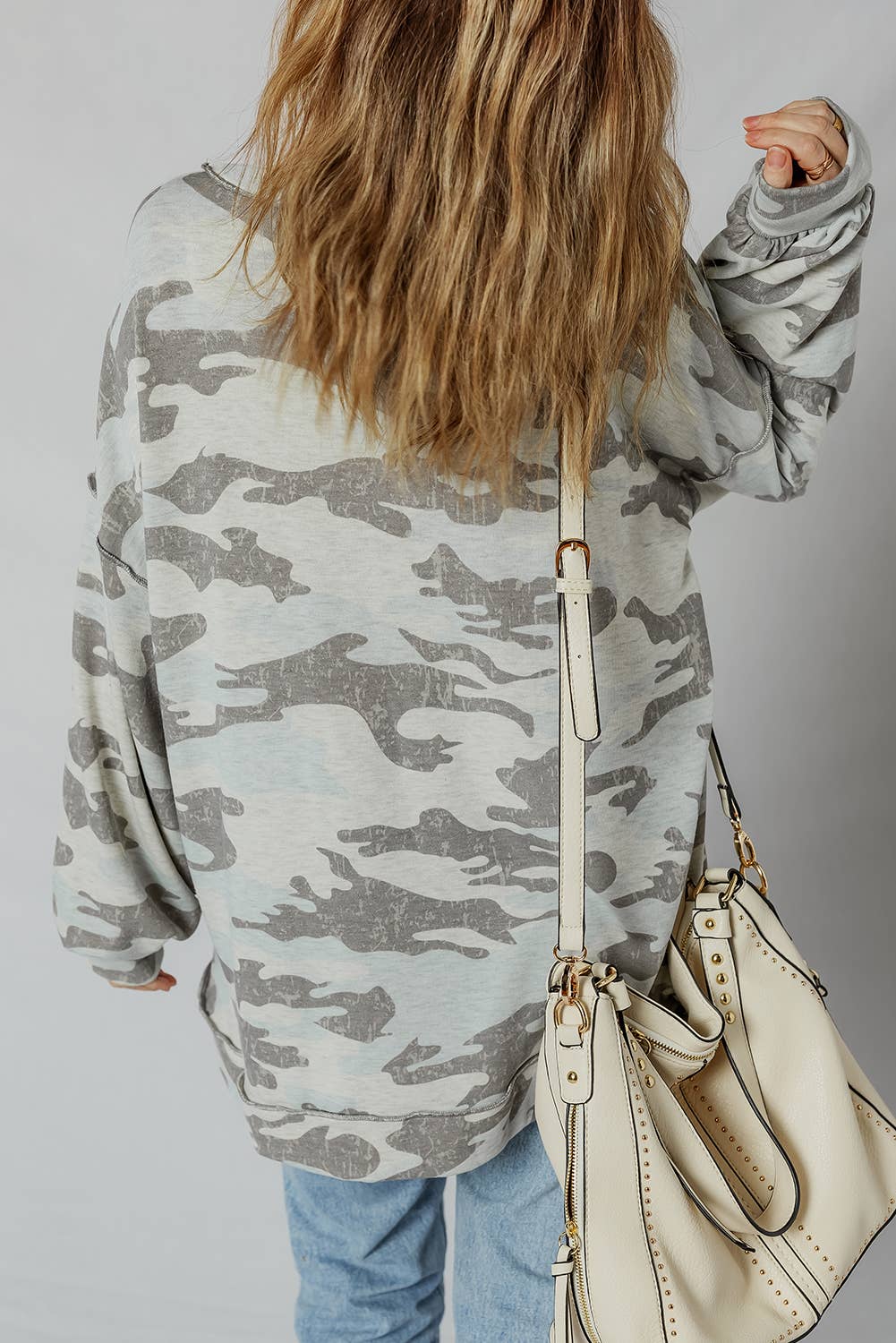 LDC Retro Camouflage Print Exposed Seam Patchwork Sweatshirt
