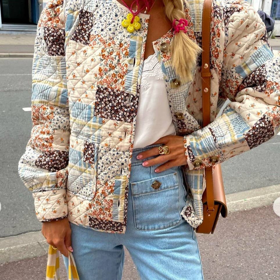 Floral Color Blocks Print Quilted Jacket