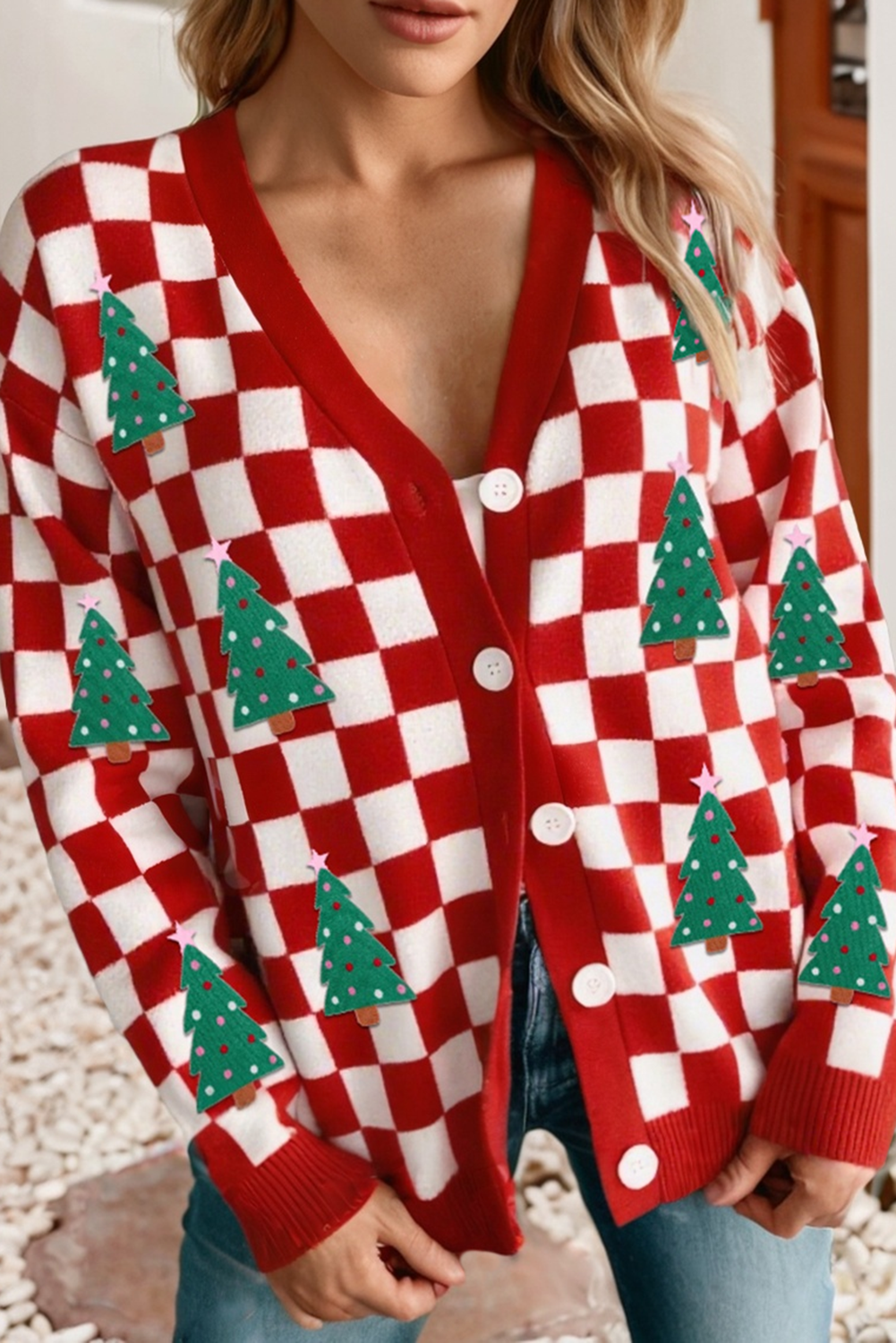 LDC Checkered Christmas Tree Pattern Button Sweater Cardigan