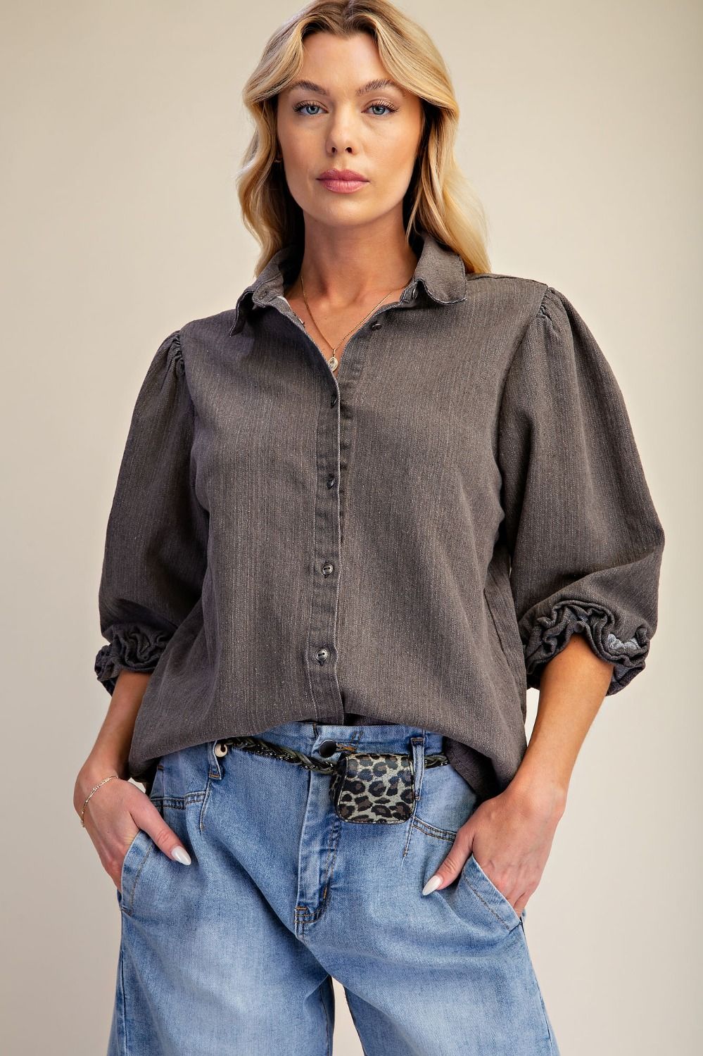 Easel ET19113 BLACK DENIM RUFFLED SLVS WASHED STRETCH DENIM SHIRT
