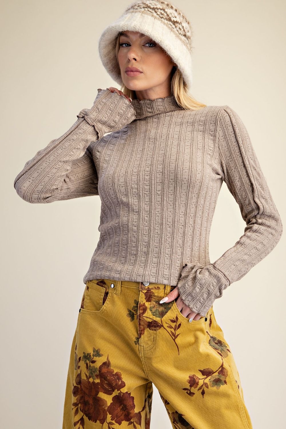EASEL ET29948 Khaki LS Textured Knit Mock Neck