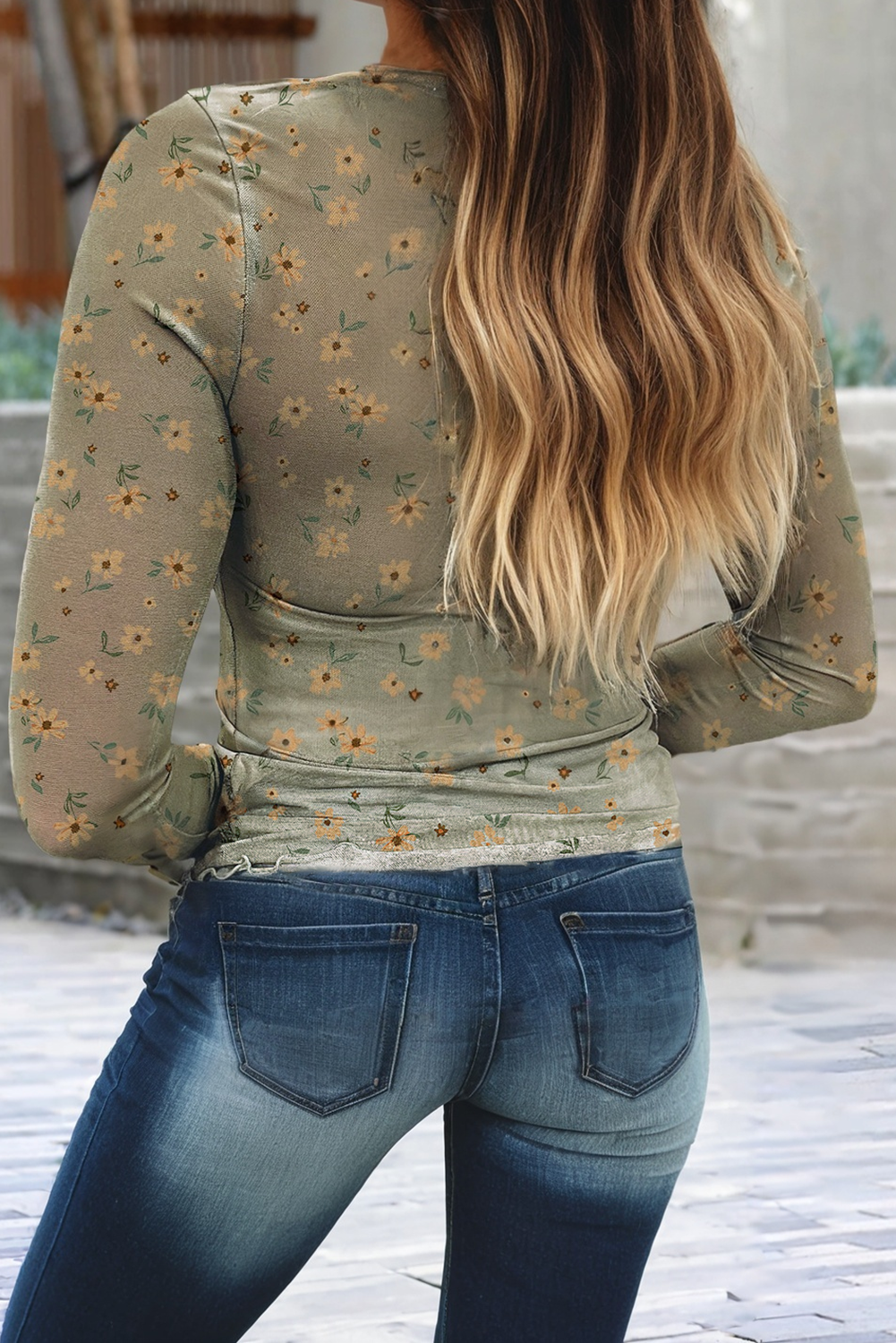 LDC Vintage Floral Print Southern Style Mesh Long Sleeve Top