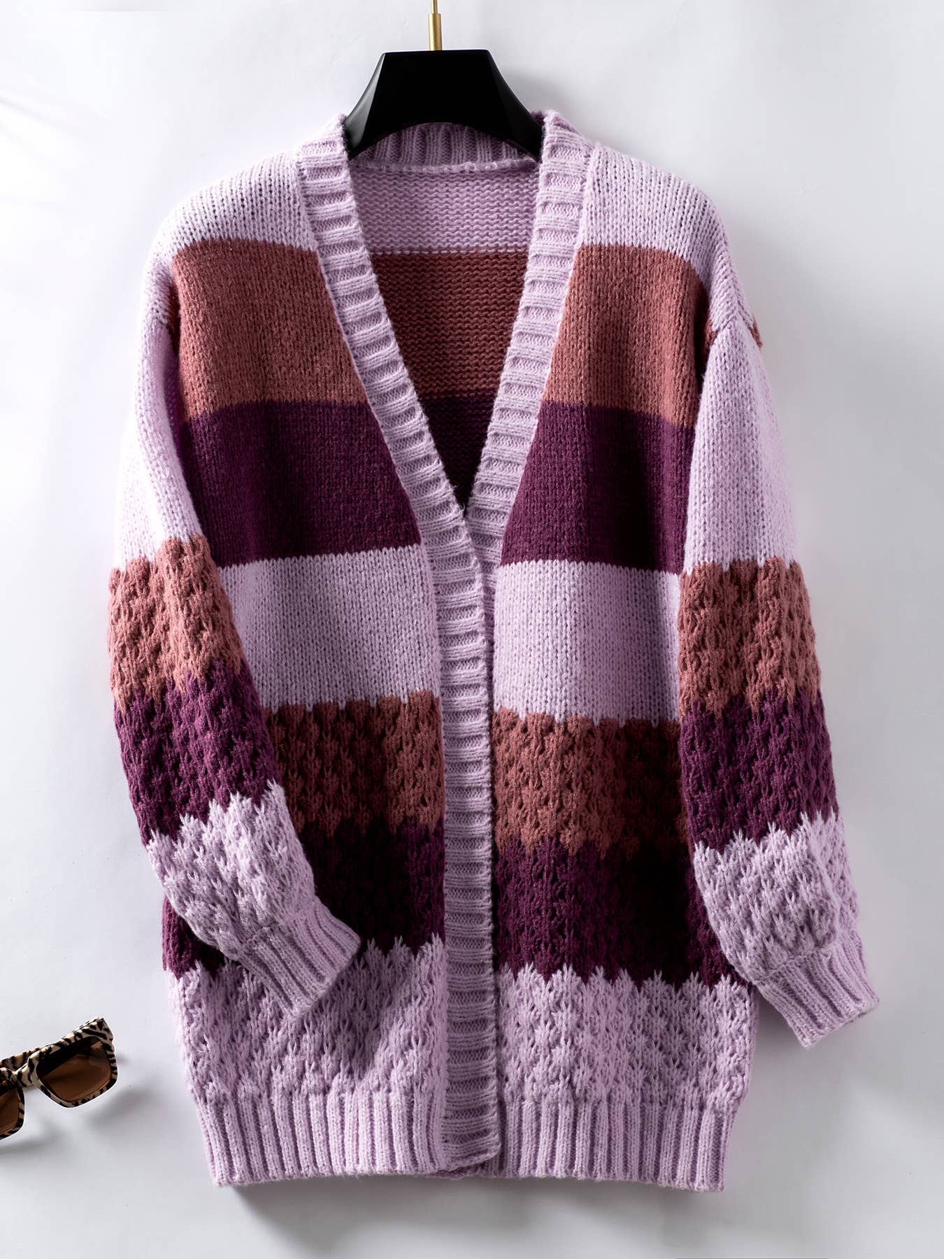 Contrast Color Striped Balloon Sleeve Cardigan