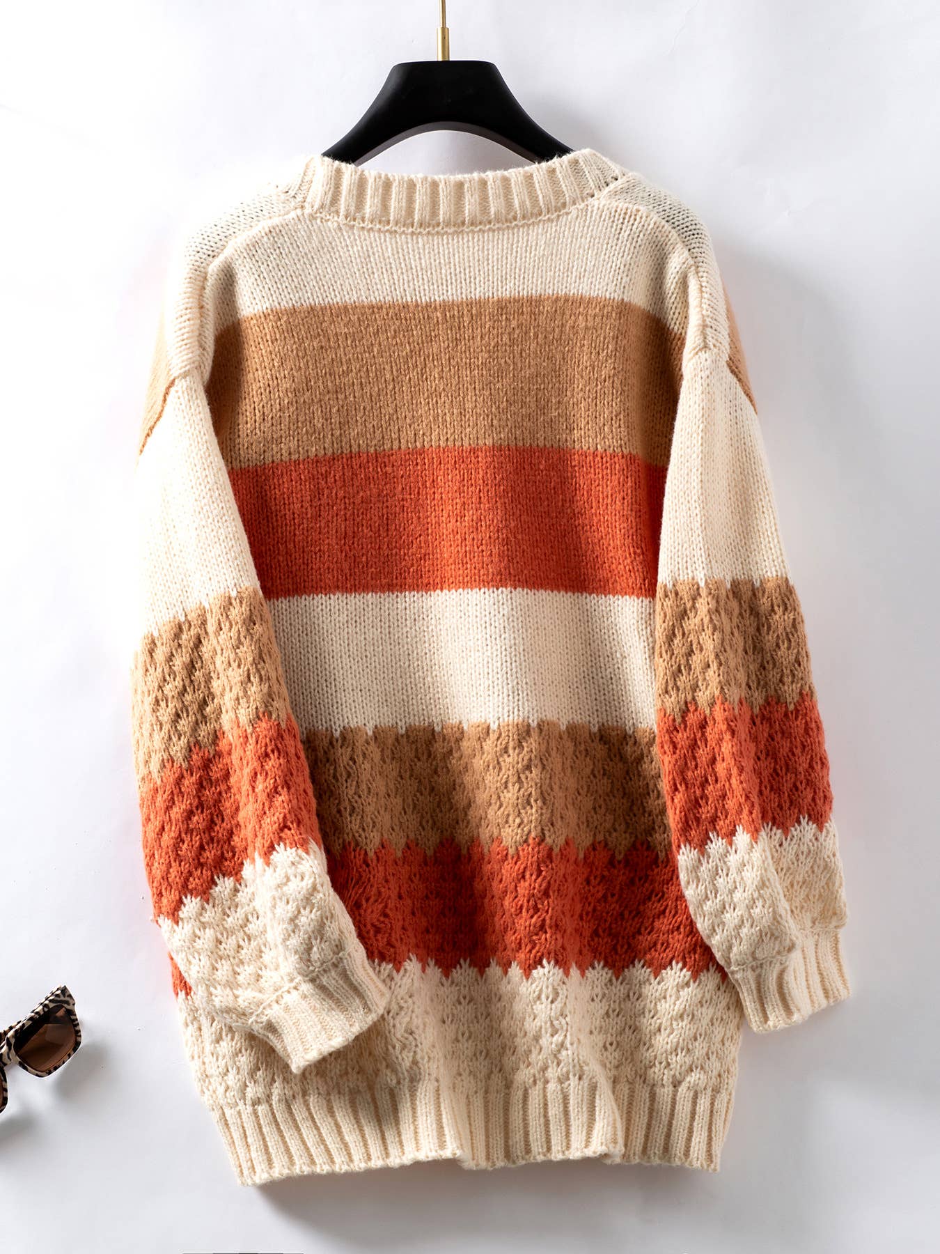 Contrast Color Striped Balloon Sleeve Cardigan