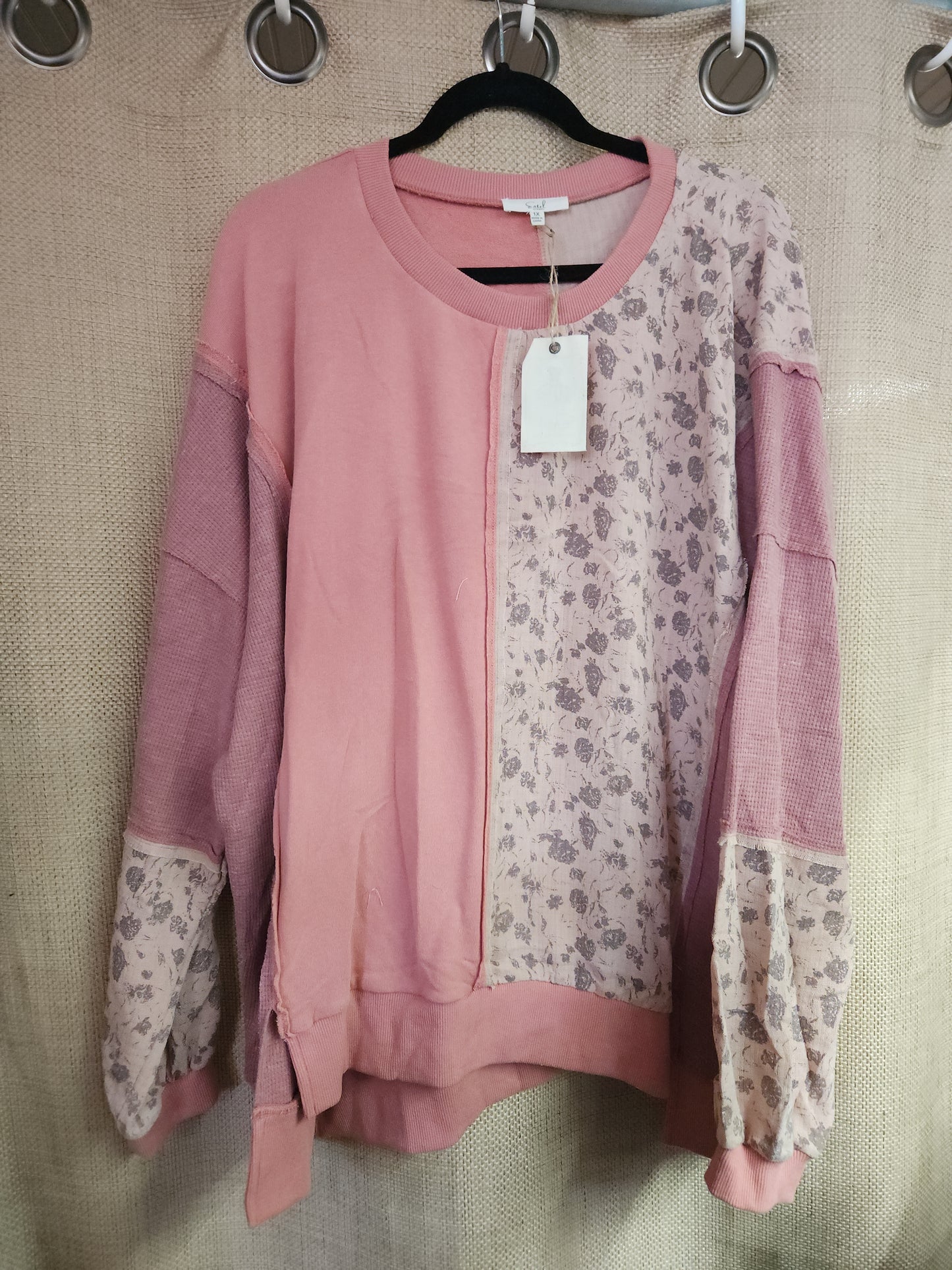 Easel-ET71569-LS Print Gauze Mix Mineral Wash Top-Mauve