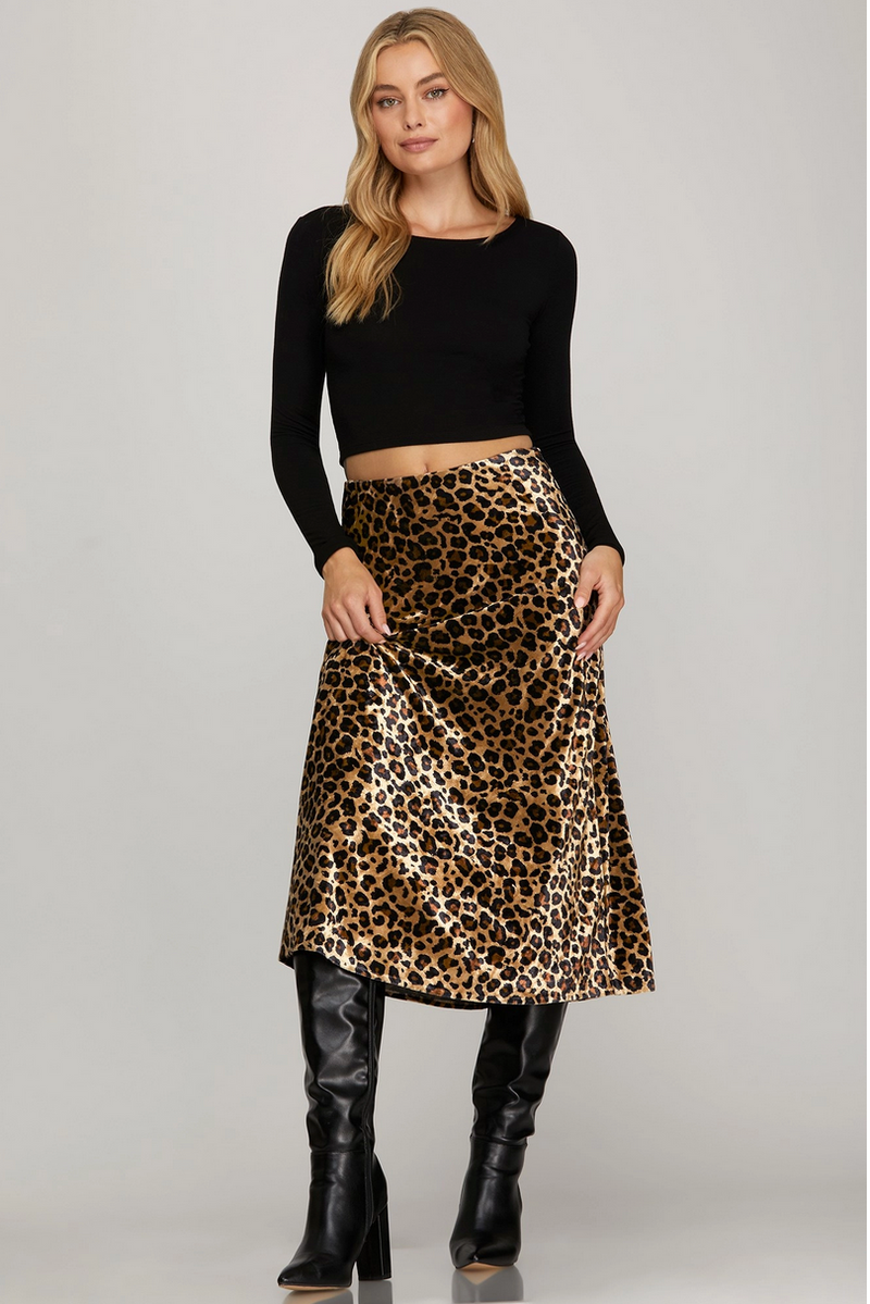 She+Sky SY9499-Leopard Print Velvet Midi Skirt