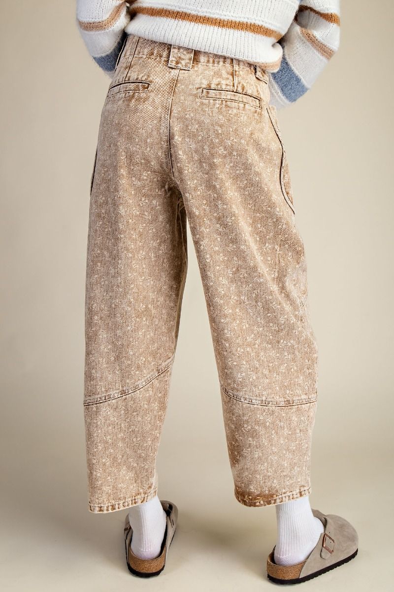 Easel - EB57085 Latte Floral Printed Mineral Wash Pants