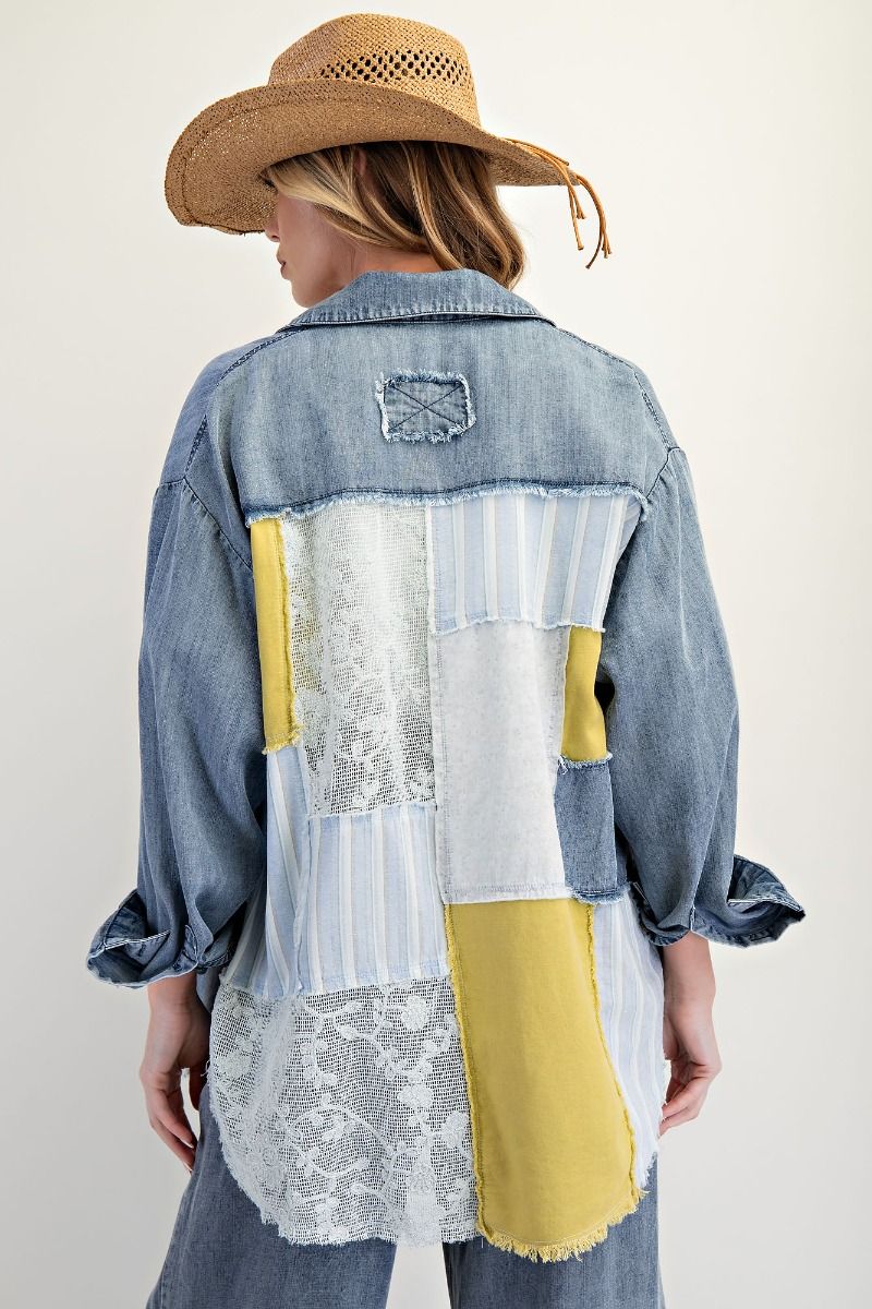 Easel-ET25939-LS Mix Match Washed Chambray Button Down-DK Denim