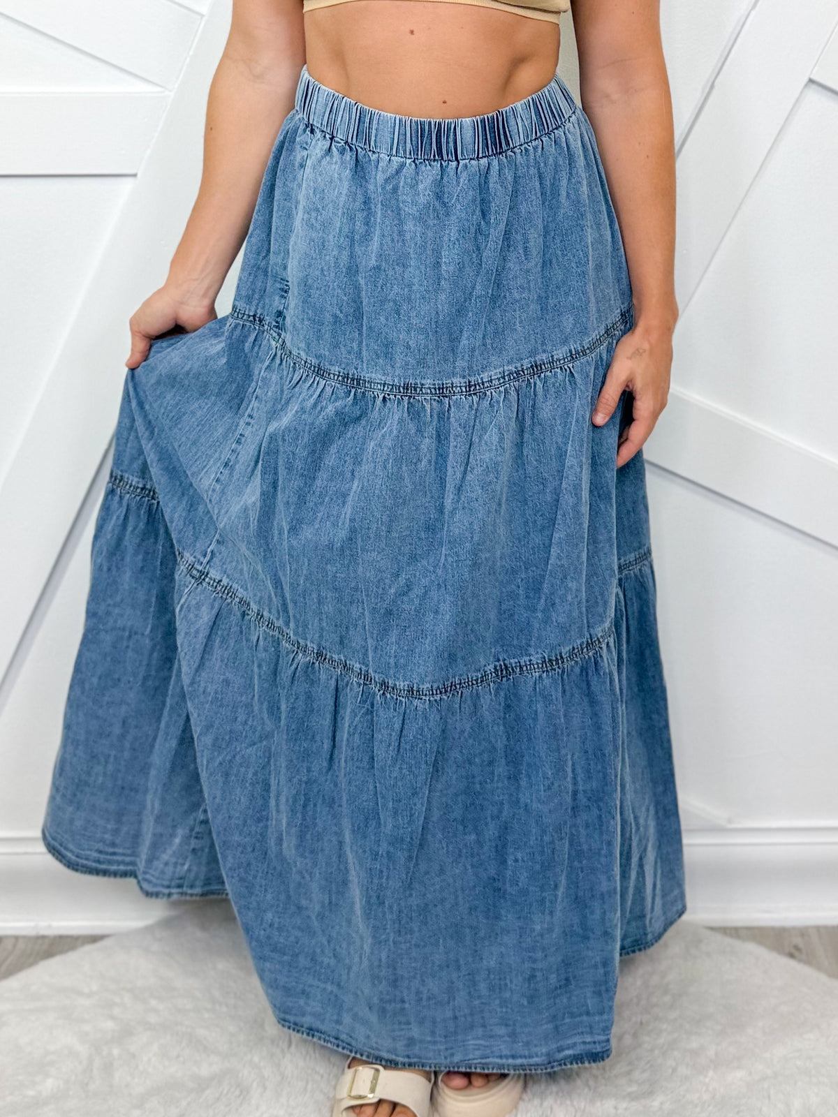 She+Sky SY8339 Washed Denim Tiered Long Skirt With Black Elastic Waist Band and Pockets