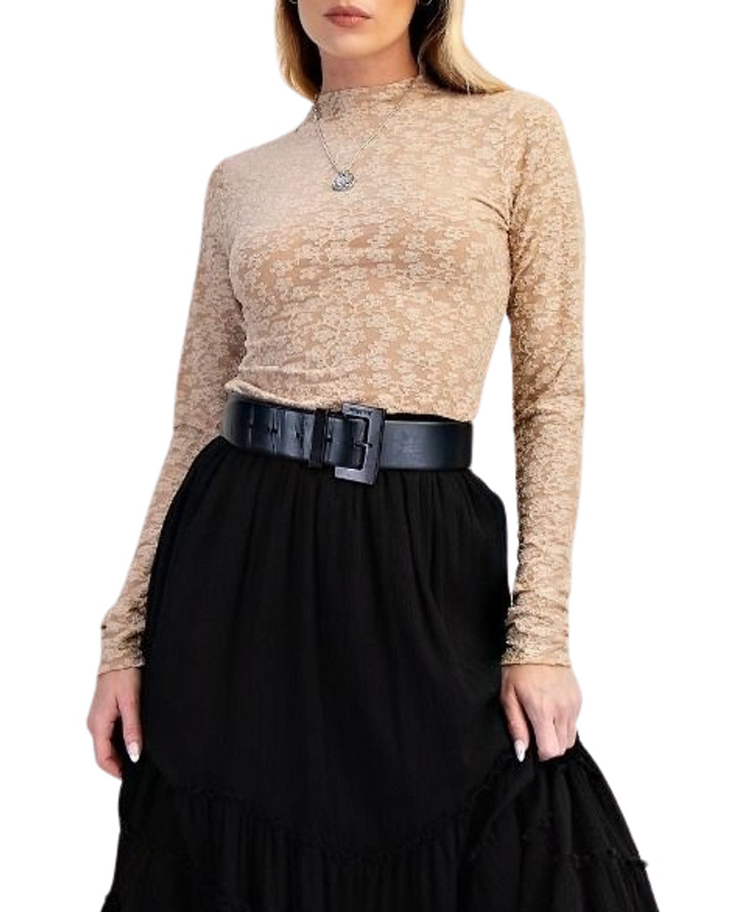 Easel-ET71728-LS BURNOUT LACE FITTED TOP-NATURAL