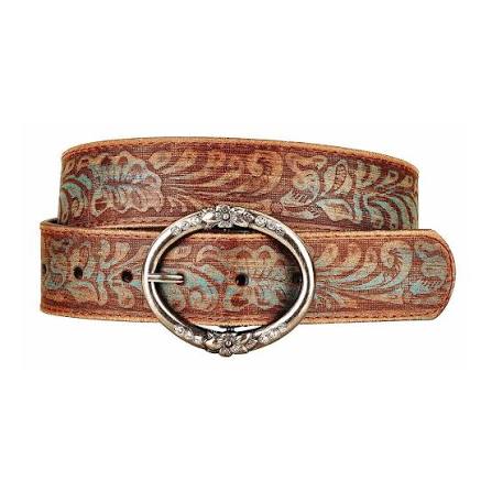 Most Wanted USA-1838-Brown-Floral Embossed Leather Belt with Rhinestone Ring Buckle