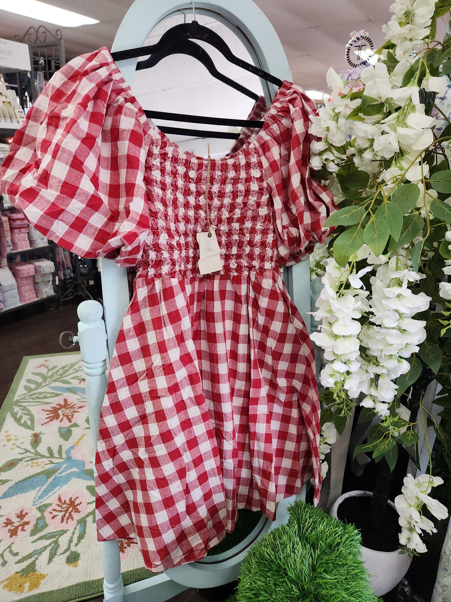 Easel - ED29097 Red Bubble Slvs Gingham Pattern Dress