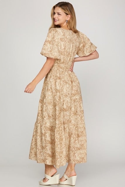 She+Sky SY9268 Half Balloon Sleeve Woven Print Tiered Maxi Dress With Band And Pockets