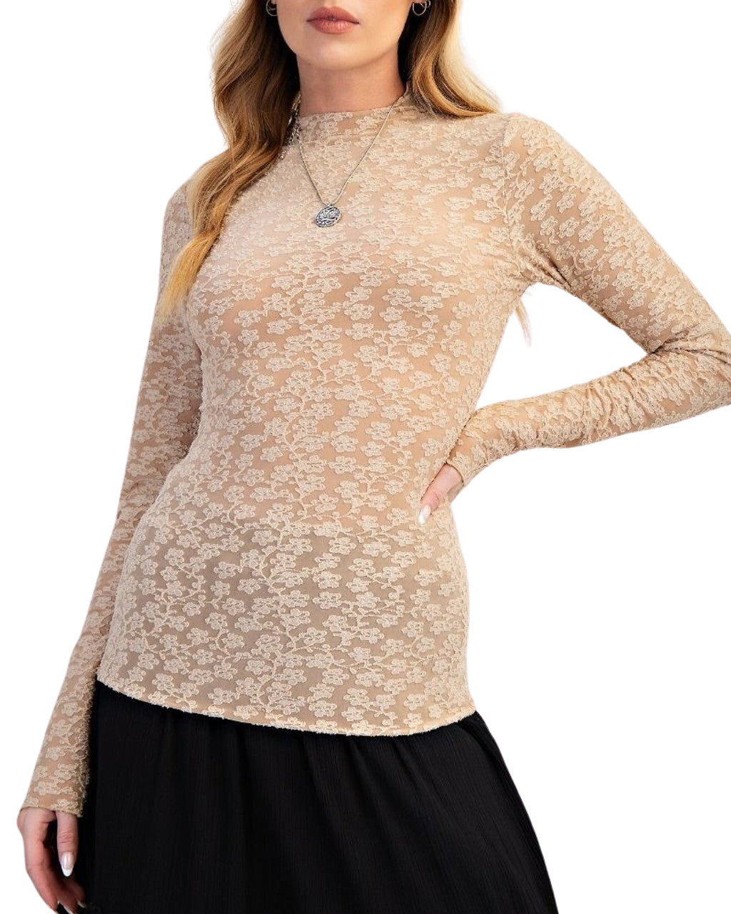 Easel-ET71728-LS BURNOUT LACE FITTED TOP-NATURAL