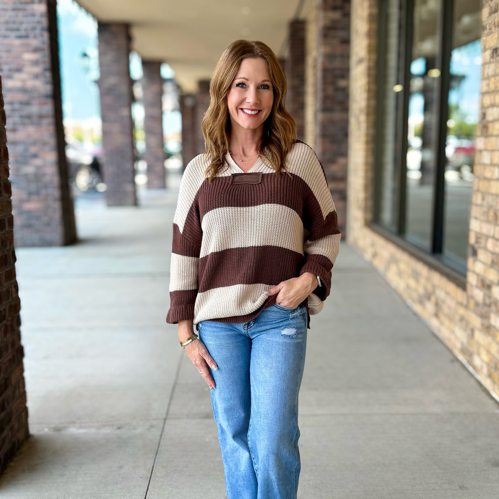 She+Sky SY9406 Brown 3/4 Sleeve V Neck Striped Sweater