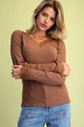 Easel ST100308 BROWN LONGSLEEVE LACE V-NECK TEXTURED RIBBED SHIRT