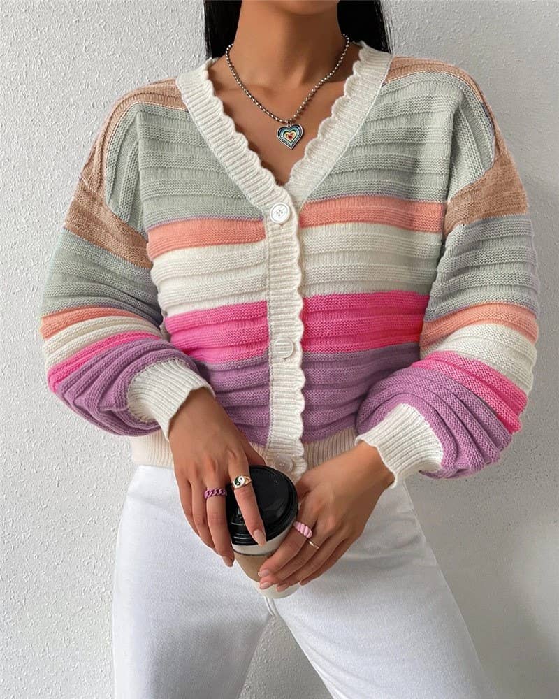 Rainbow Striped Balloon Sleeve Cardigan