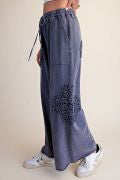 EASEL EB41673 BLUEBERRY CROCHET PATCH WASHED TERRY PANTS
