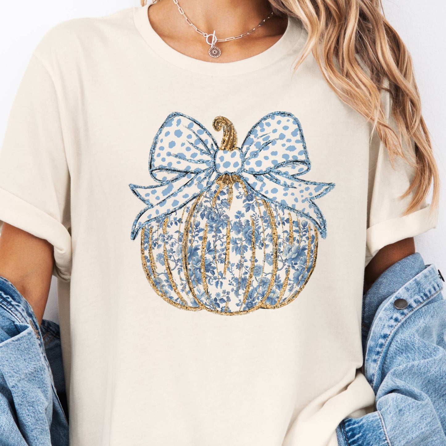Preppy Autumn Blue Floral Fall Pumpkin Coquette Graphic Tee